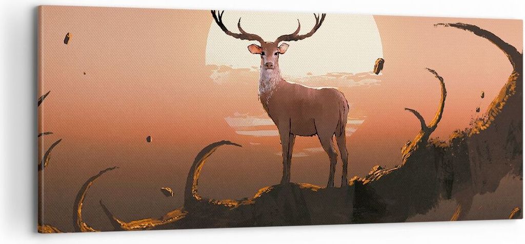 Bild auf Leinwand - Leinwandbild - Hirsch Geweih Hörner - 100x40cm - Wand Bild - Wanddeko - Leinwanddruck - Bilder - Kunstdruck - Wanddekoration -...