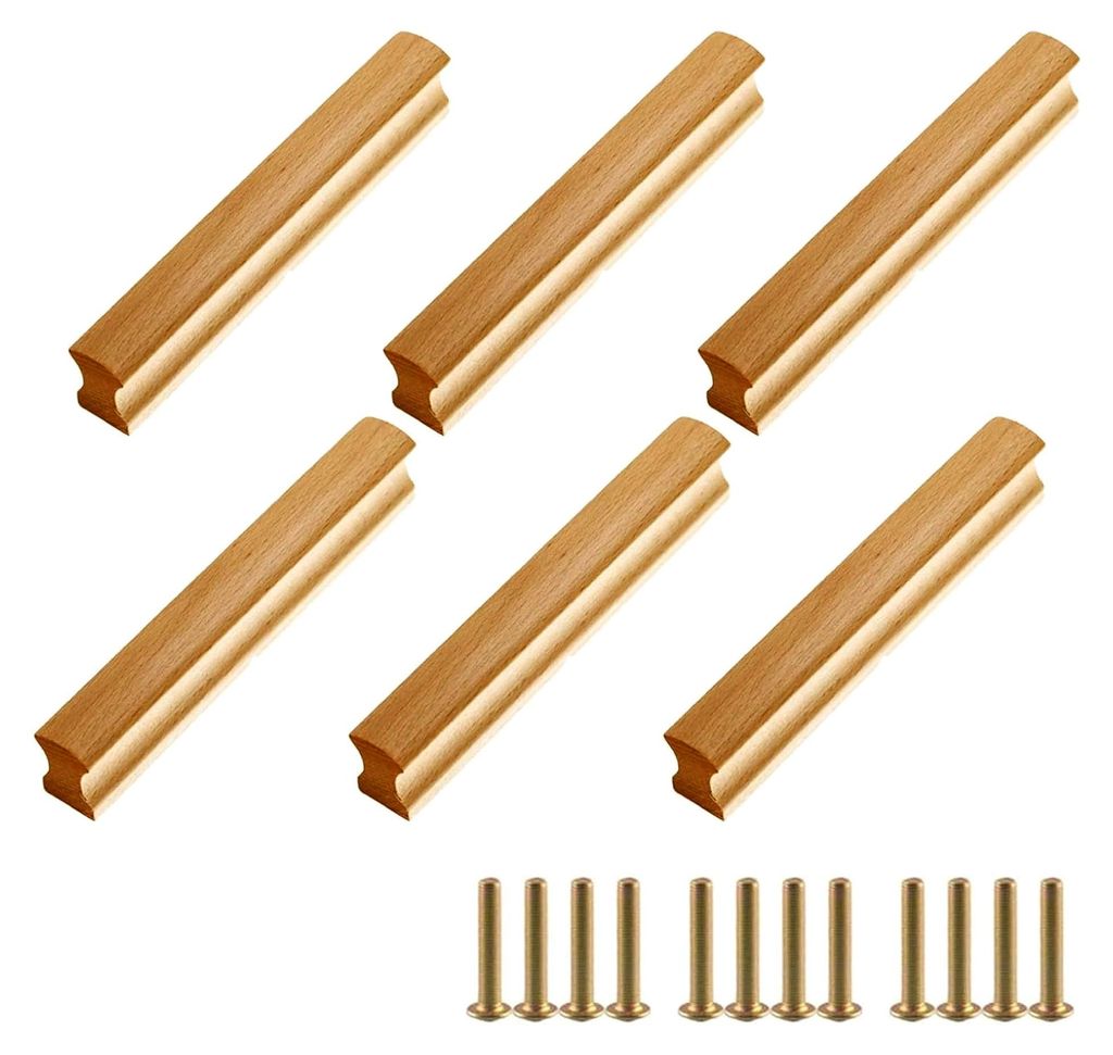 Möbelgriffe aus Holz, 6 Stück, Massivholz mit Schrauben, Lochabstand 128 mm, für Schubladen und Schränke