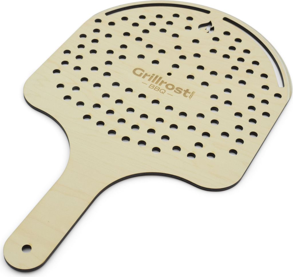 A wooden pizza peel with many small holes and a handle, with a logo printed on it.