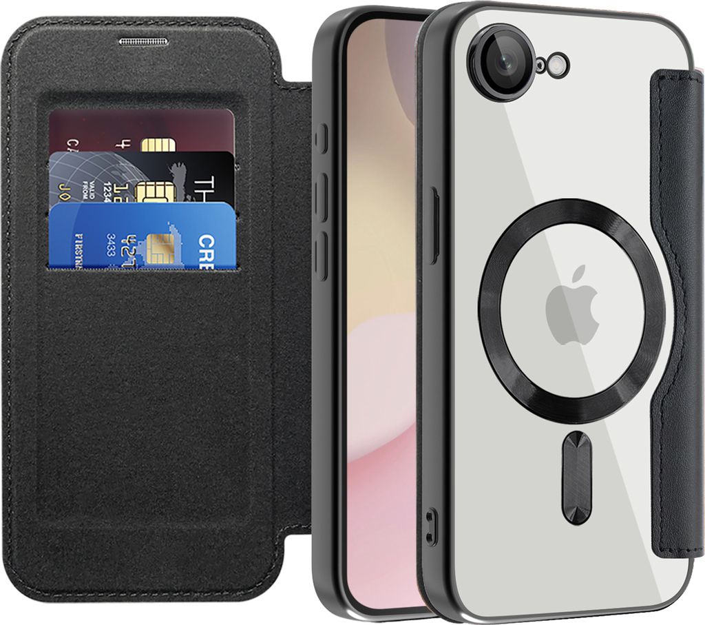 A black leather flip case with card slots is shown next to a clear iPhone case with a MagSafe ring.