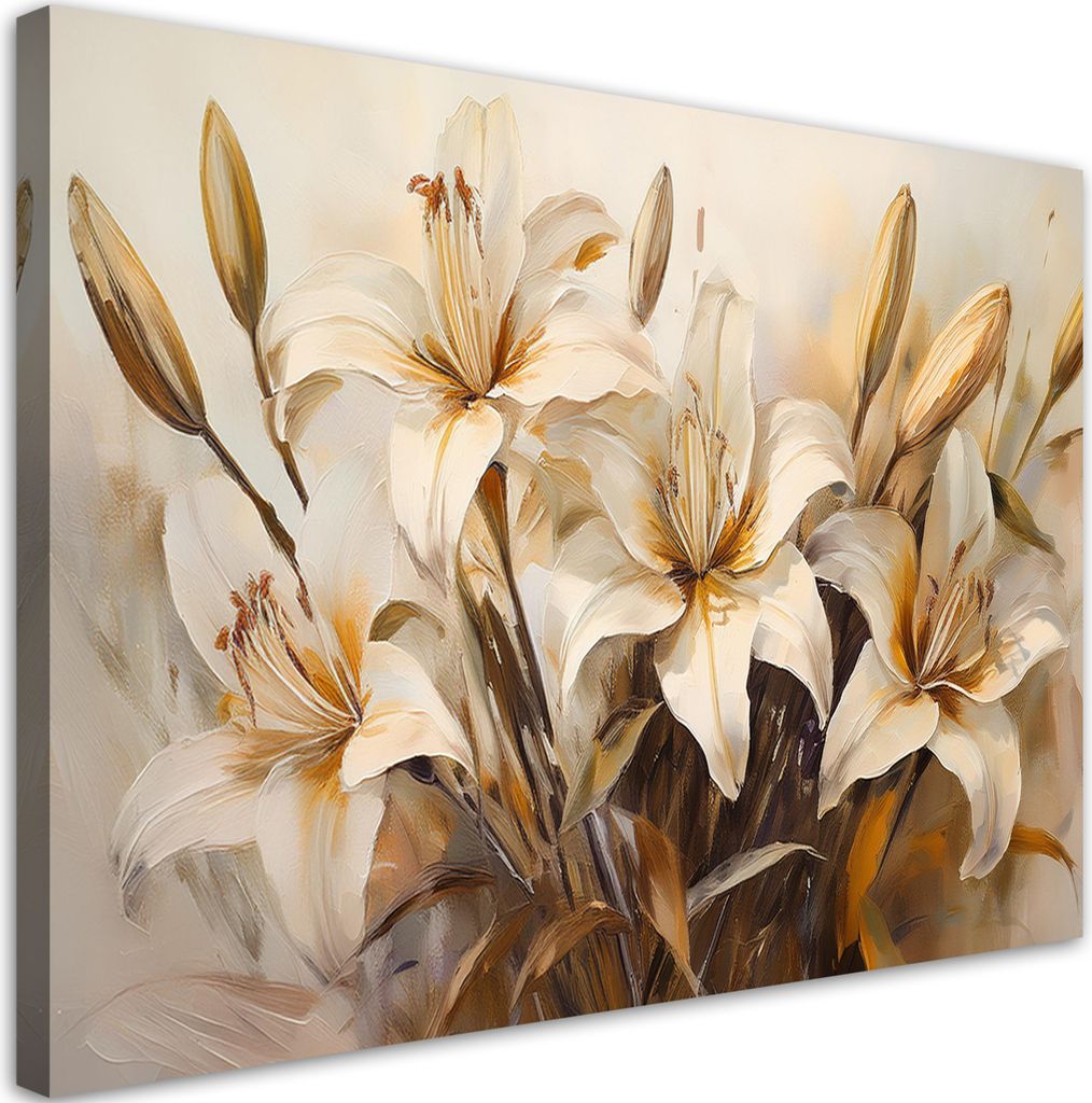 Leinwandbild Lilien Boho-Stil Beige Blumen 120x80 Feeby Beige bild für die wand bereit zum aufhängen