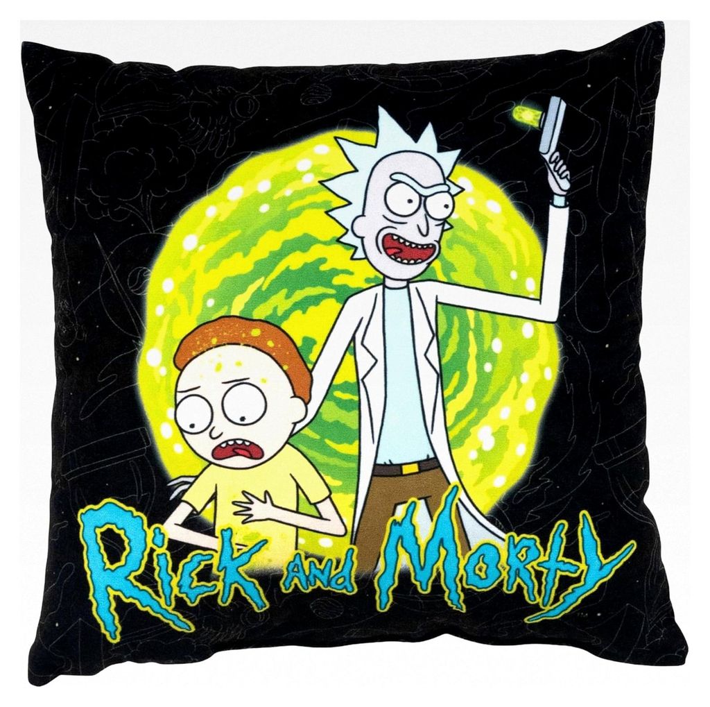 Rick und Morty Kissen, Kopfkissen 30x30 cm, Schwarz, Sofakissen Portal Gun, Dekokissen für Fans