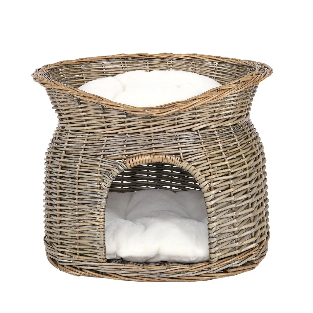 Niche pour chat design double étage en osier gris avec coussins doux