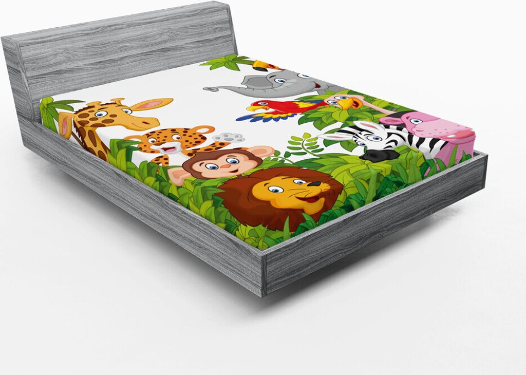ABAKUHAUS Kindergarten Spannbetttuch, Karikatur-Art-Zoo-Tier-Safari-Dschungel-Maskottchen-Sammlung tropische Waldwild lebende tiere, 120 x 190 cm, ...