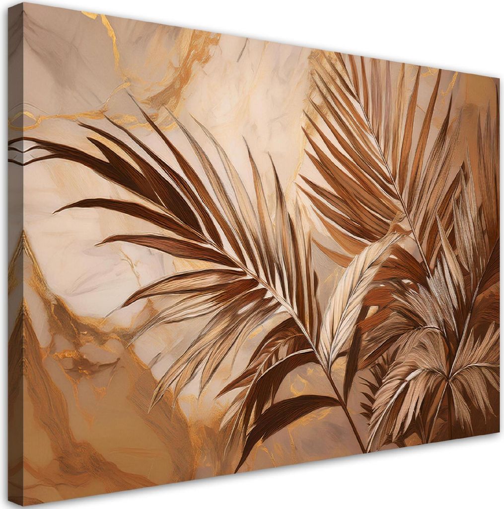 Leinwandbild Palmblätter Sepia Gold Marmor 90x60 Feeby Beige bild für die wand bereit zum aufhängen