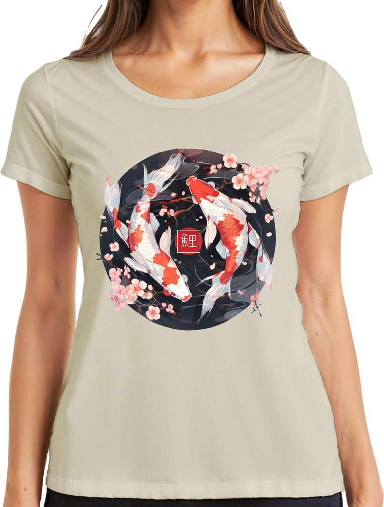 Koi Karpfen Sakura Japanisch Fische Zen Kirschblüten YinYang 鯉 Damen T-Shirt, Natur, M