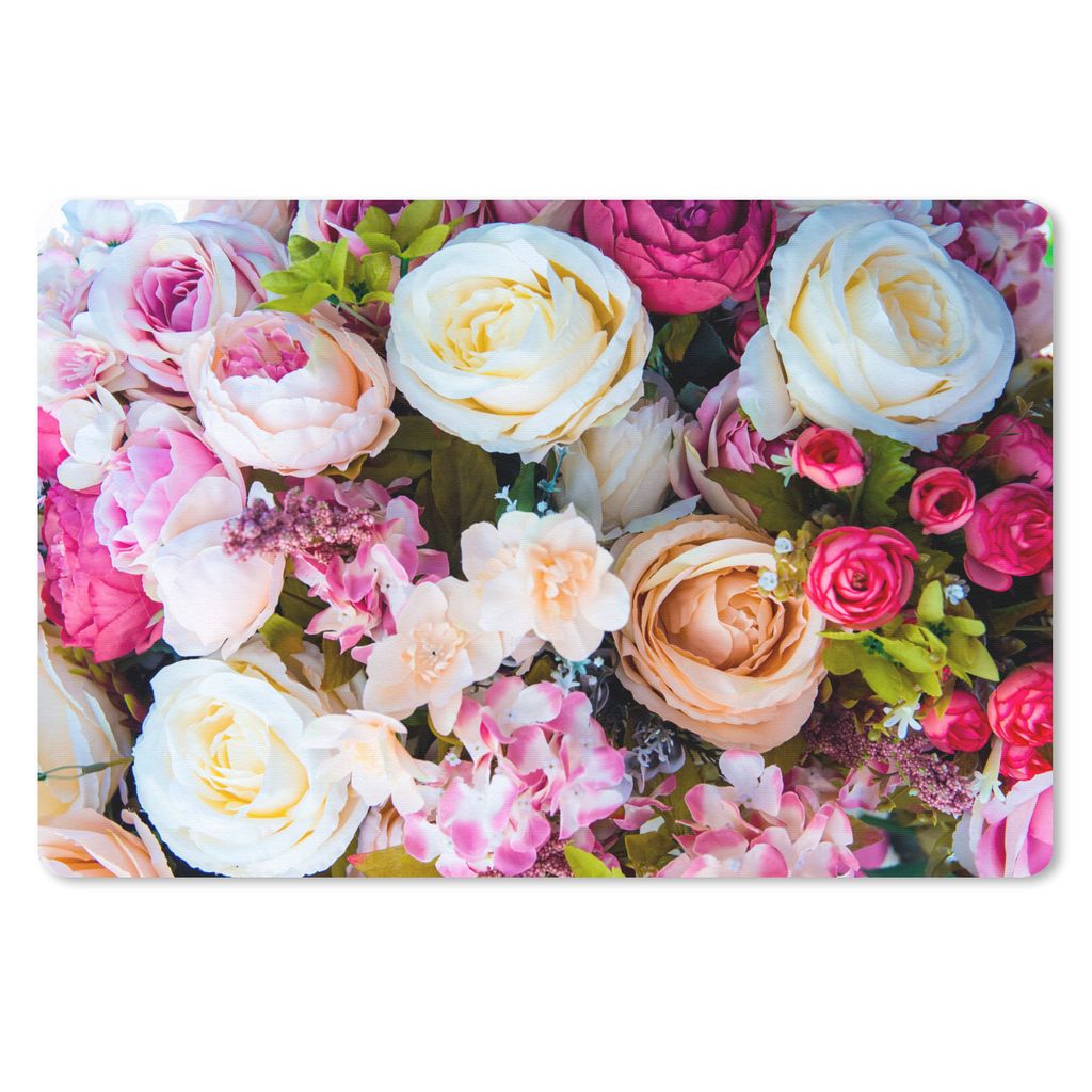 MuchoWow Schreibtischunterlage Rosen - Weiß - Rosa 60x40 cm - XXL Mauspad - Großes Mauspad