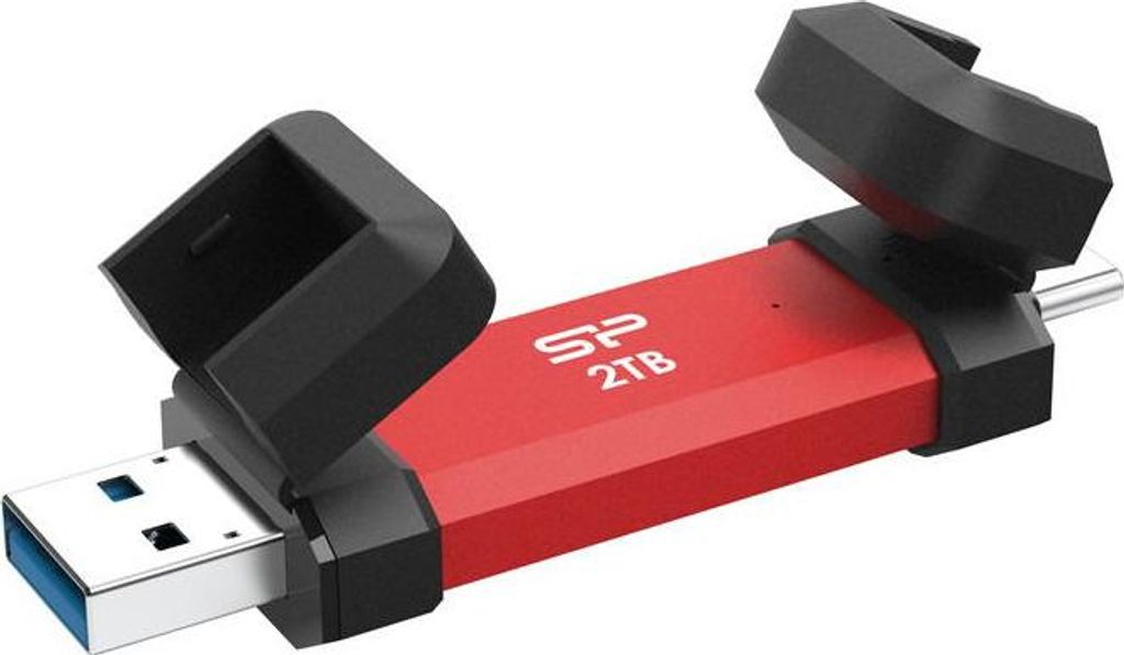 A red USB flash drive with its caps open.