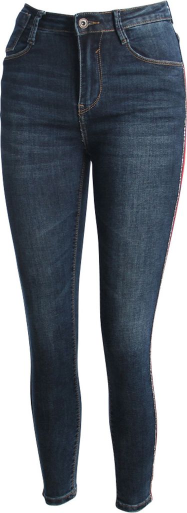 topschuhe24 1543 Damen Skinny Jeans Hose High Waist Glitzer Streifen, Farbe:Dunkelblau, Größe:42 EU