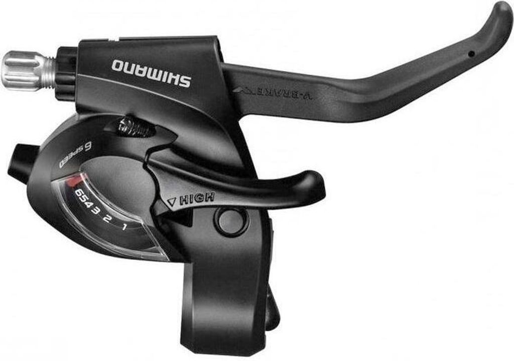 A black bicycle shifter and brake lever assembly is shown against a white background.