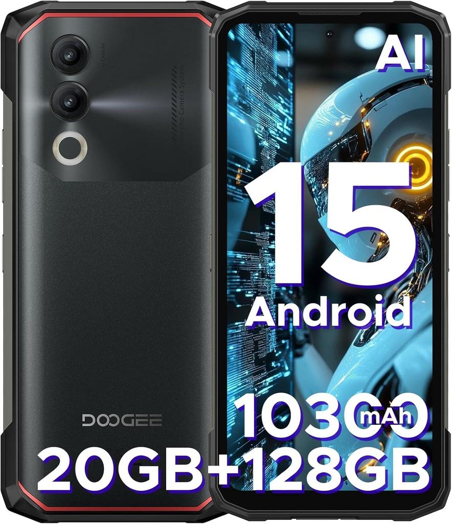 A marketing image of a black smartphone with a red trim, showing its rear and front displays with text overlays.