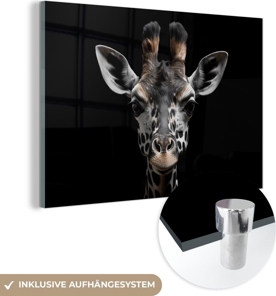 MuchoWow Glasbilder - Bilder auf Wandbild - Foto auf Glas Giraffe - Porträt - Schwarz - Tier 60x40 cm Wanddekoration aus Glas - Acrylglasbild - Ac...