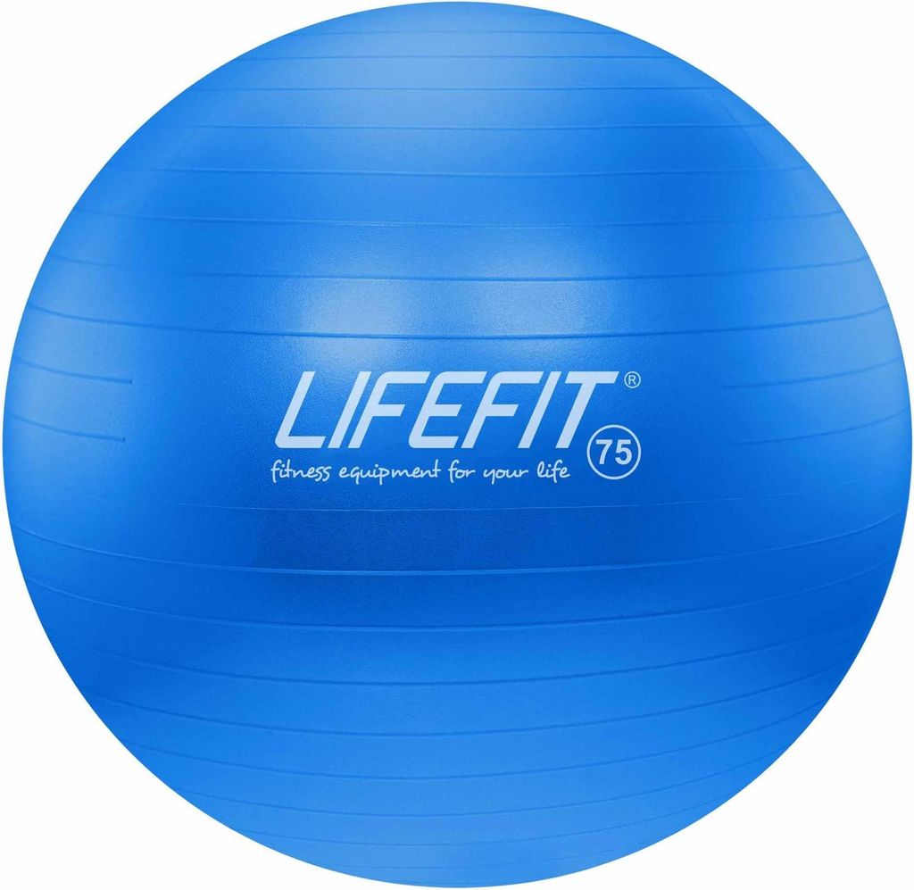A blue exercise ball with the brand name and size printed on it.