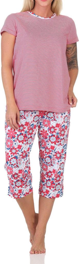 Normann Damen kurzarm Schlafanzug mit Caprihose, Oberteil gestreift – auch in Übergrößen ; rot , 36