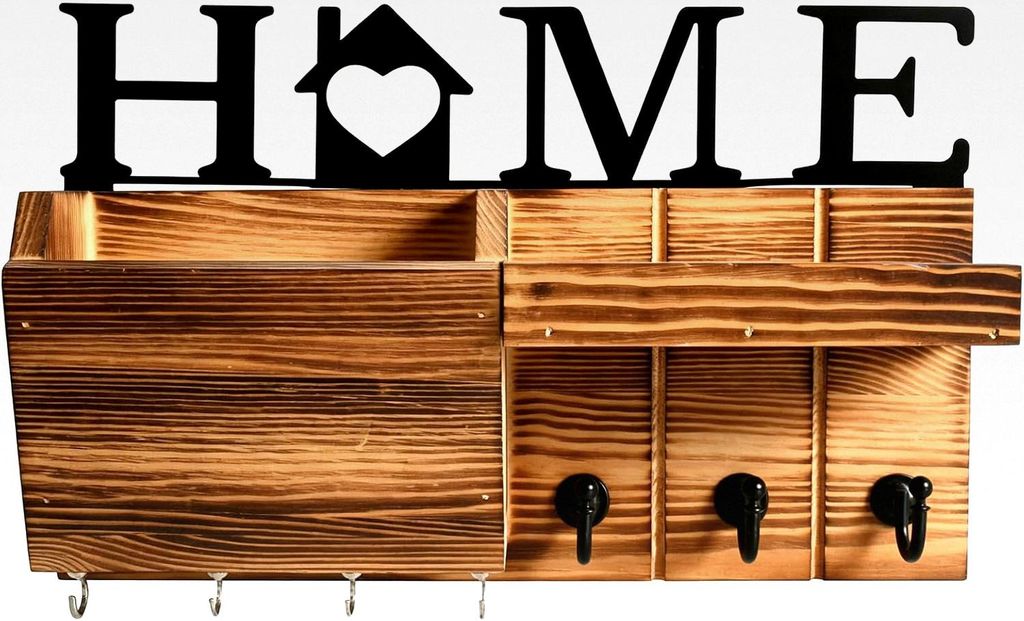 Vintage Wandregal mit Haken, Holz Schlüsselbrett für Diele, Garderobe und Ablage mit abnehmbarem HOME Schriftzug, Rustikale Holzoptik
