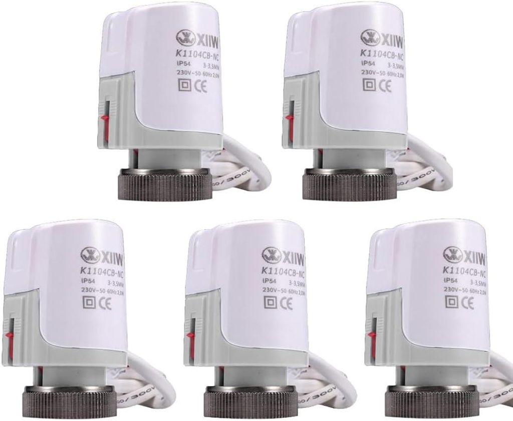 A collage of five identical thermostatic radiator valve actuators for underfloor heating.
