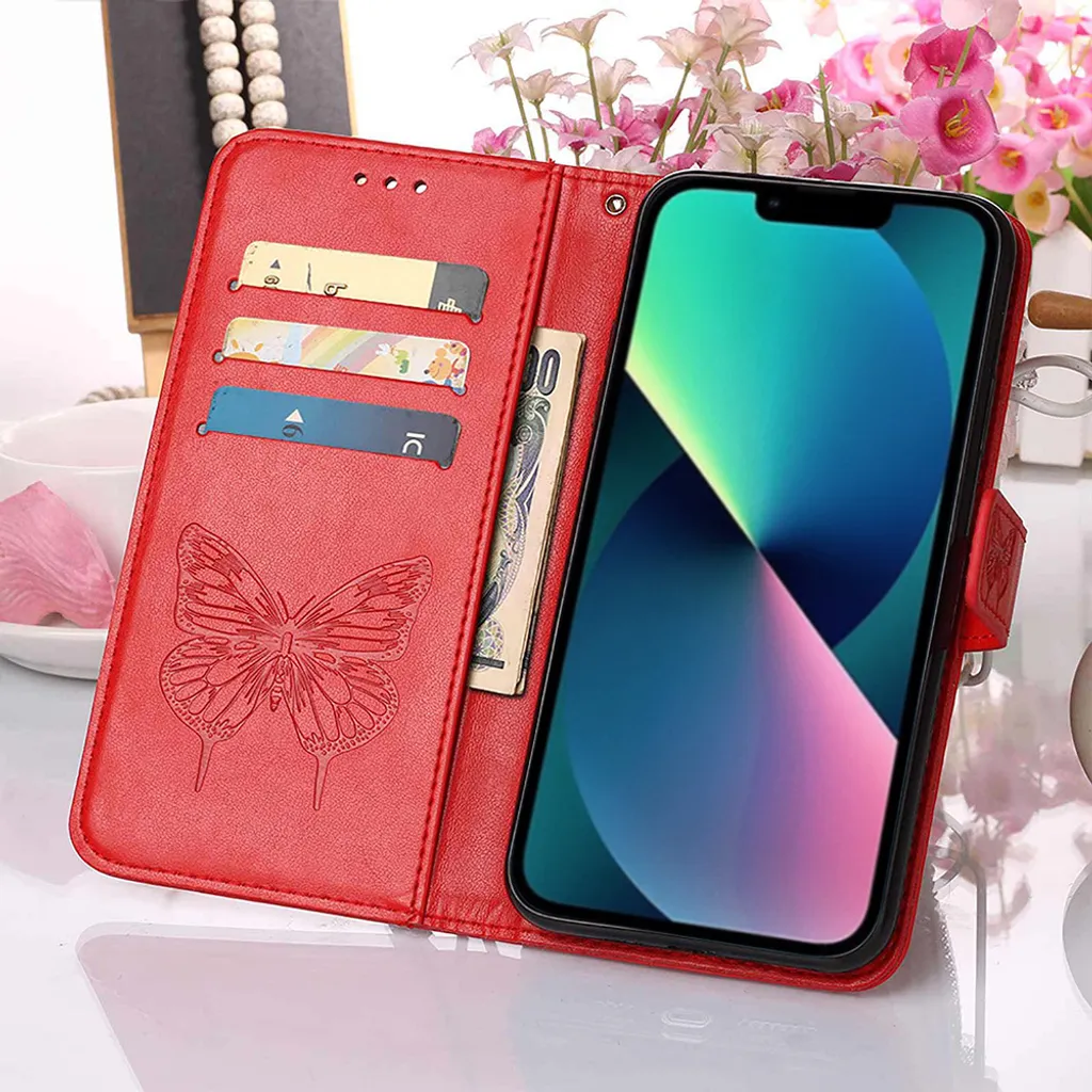 Custodia iPhone 14 Pro Max con Farfalla Rossa | Cover Flip Sicura - 5