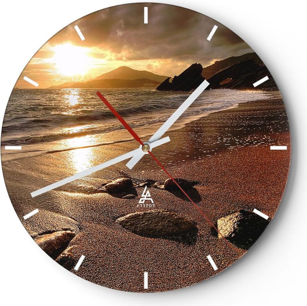 Wanduhr - Rund - Glasuhr - Strand Wolken Abend Küste - 40x40cm - Schleichendes Uhrwerk - Lautlos - zum Aufhängen bereit - Dekoration Modern - Wan...