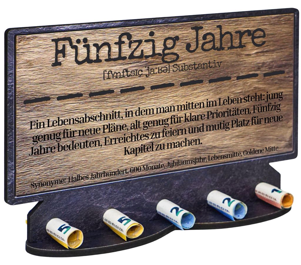 Großes, 28 cm großes Geldgeschenk aus HDF-Holz mit schiefergrauer Optik für Geburtstage und Jubiläen.