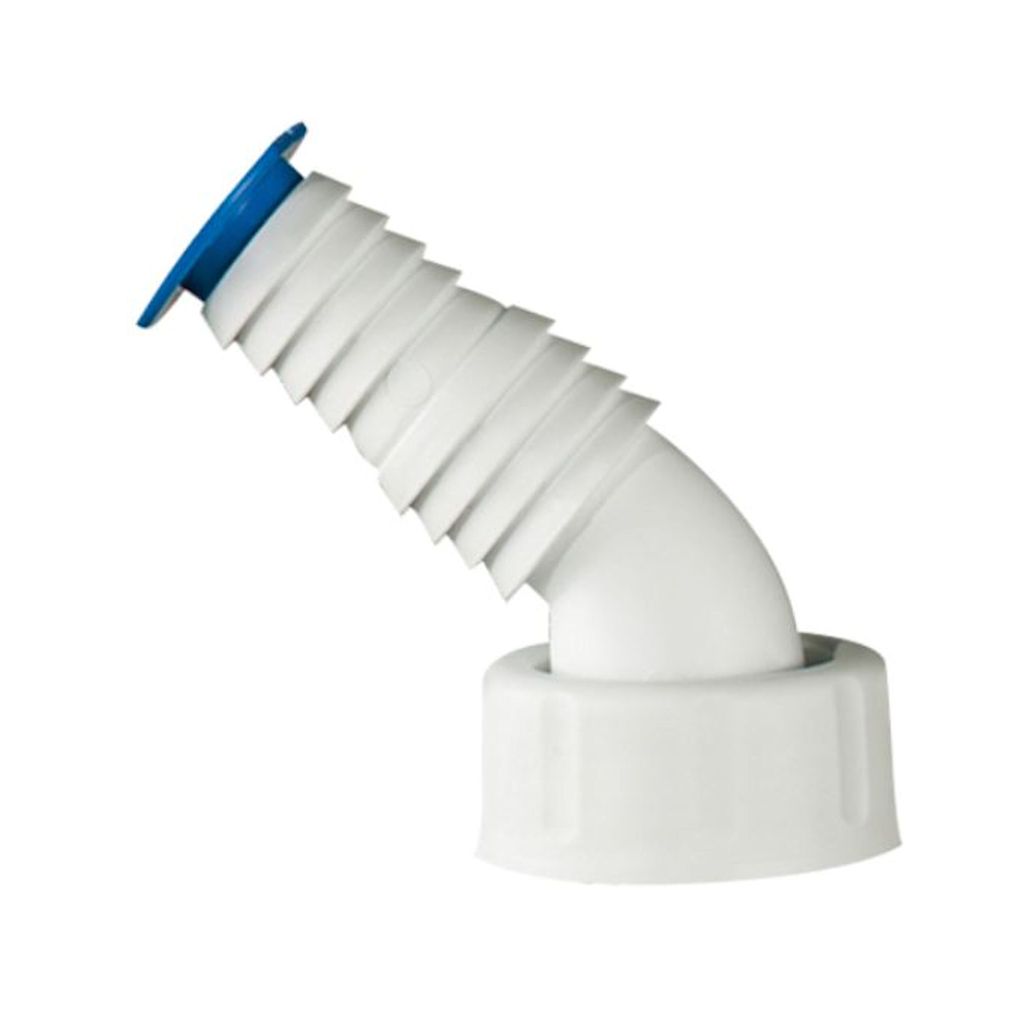 A white plastic hose fitting with a blue cap, angled on a white background.