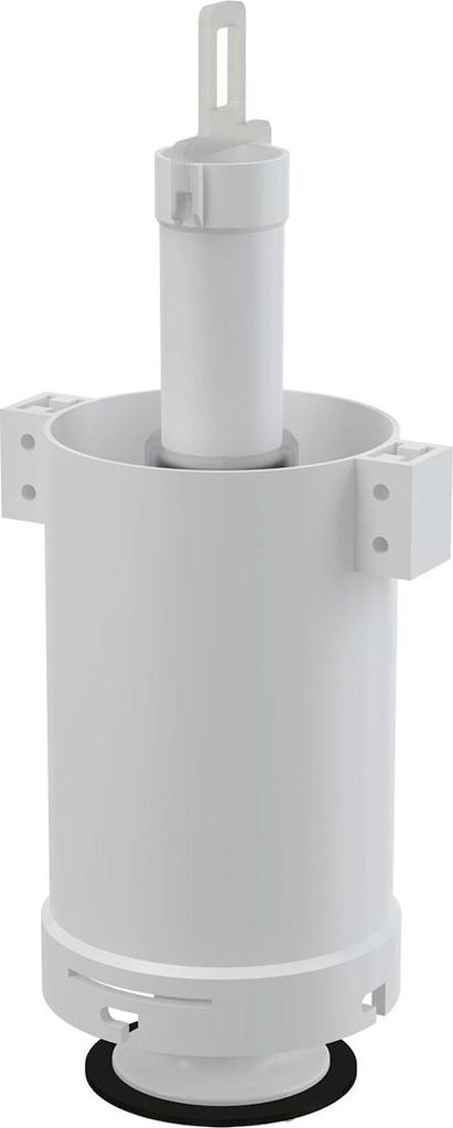 A white toilet flush valve assembly on a white background.