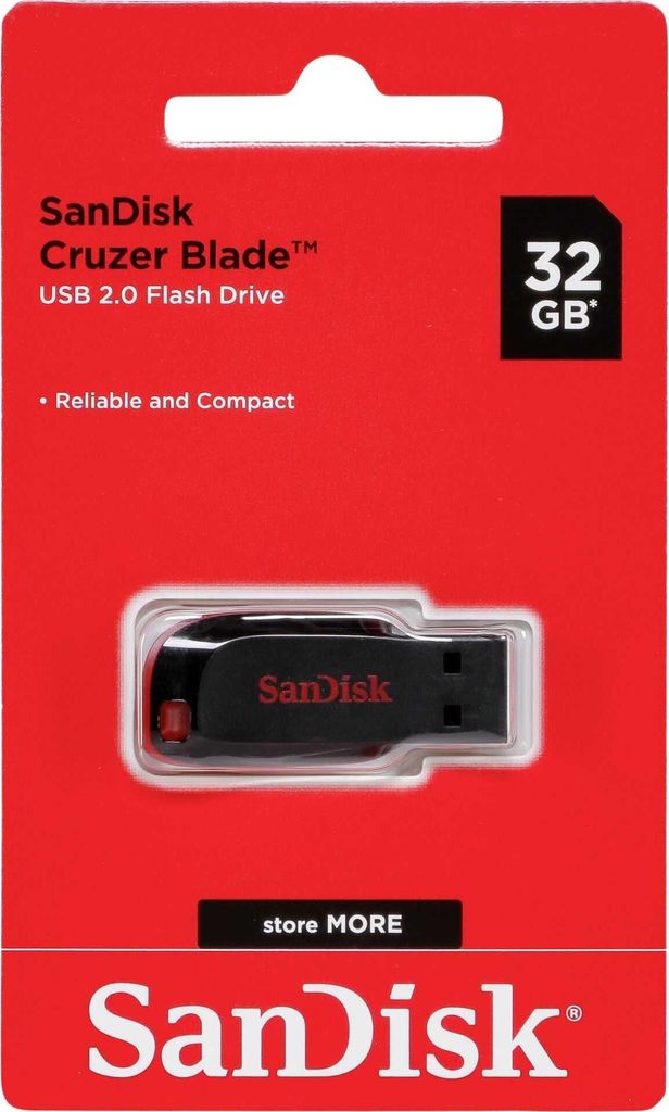 The image shows the retail packaging of a SanDisk Cruzer Blade USB flash drive.