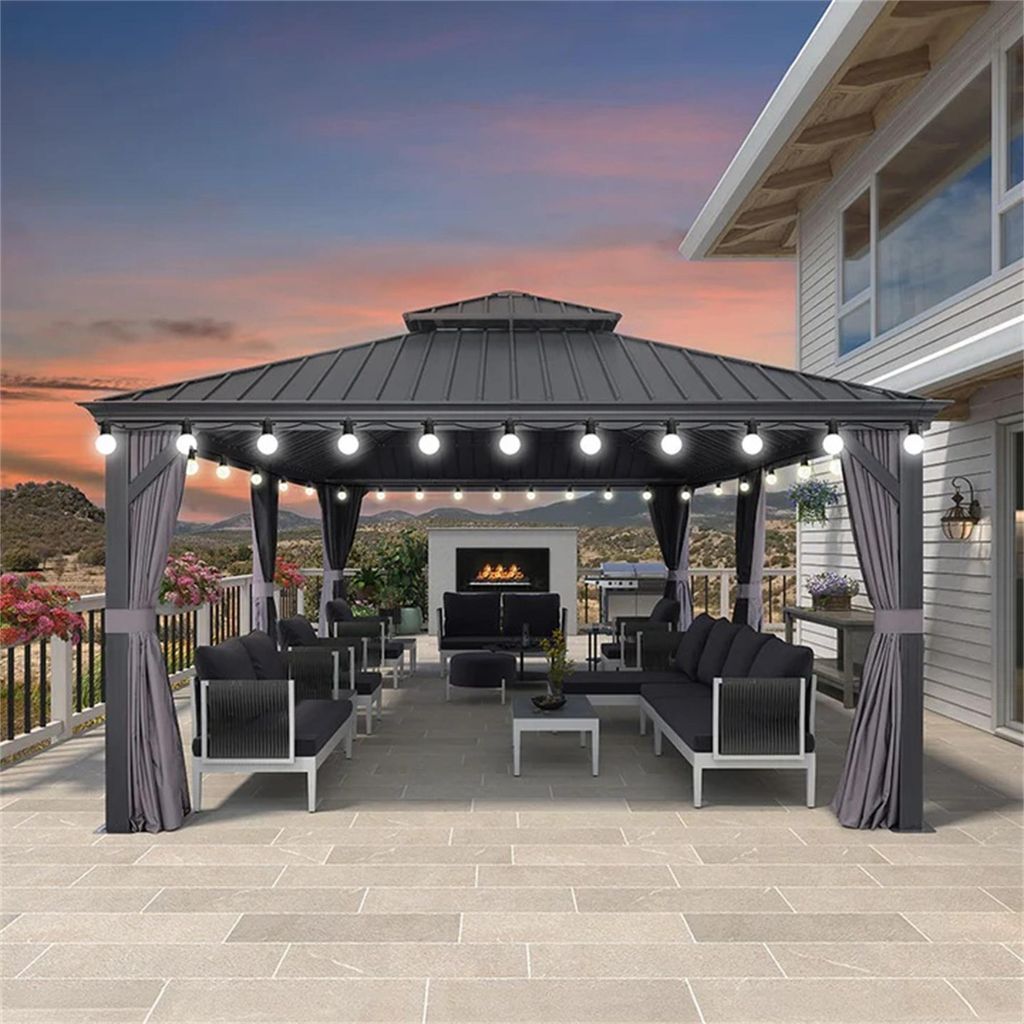 PURPLE LEAF Hardtop Pavillon 3.65x7.32m wasserdicht winterfest und stabil für den Garten,Grau,mit Beleuchtung