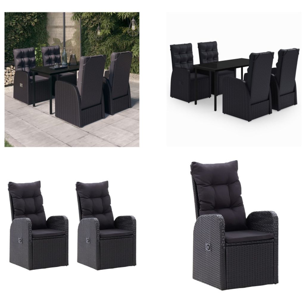 vidaXL 5 tlg. Garten Essgruppe mit Kissen Schwarz - Garten Essgruppe - Garten Essgruppen - Gartenmöbel Set - Garten Möbelset