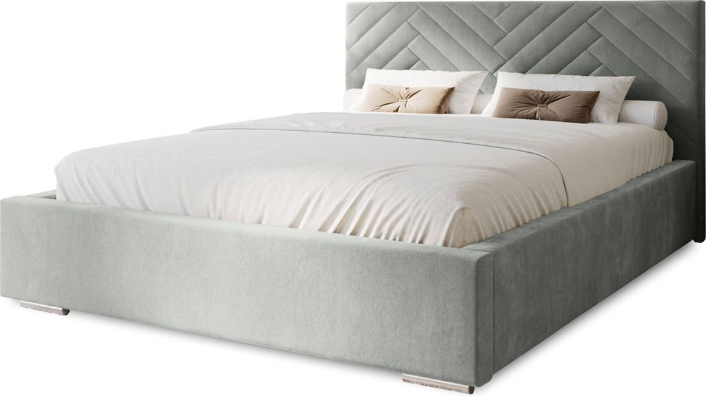 Polsterbett Aura 180x200 cm, Bett mit Kopfteil, Doppelbett mit Bettkasten und Lattenrost aus Holz, Velourstoff: Hellgrau