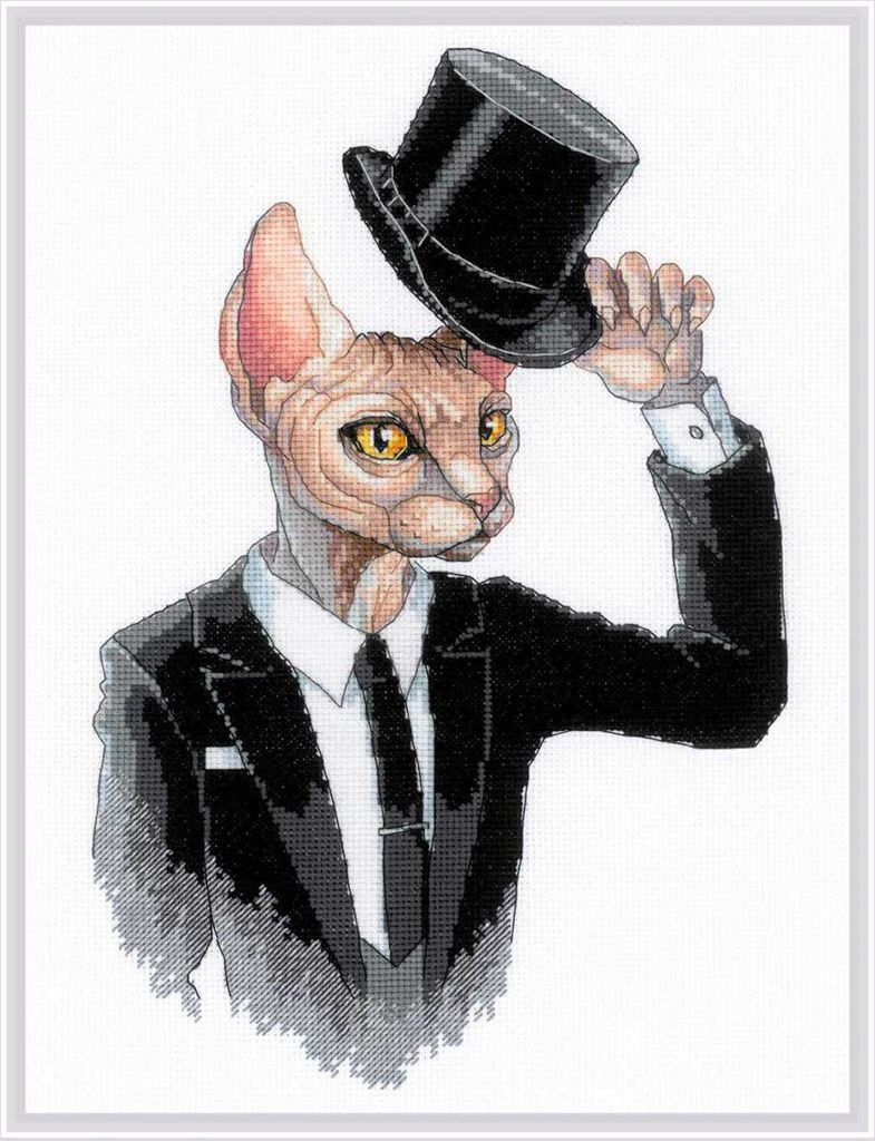 Auslaufmodell Riolis Kreuzstich Set "Gentelman Sphynx-Katze"; Zählmuster, 25x33cm