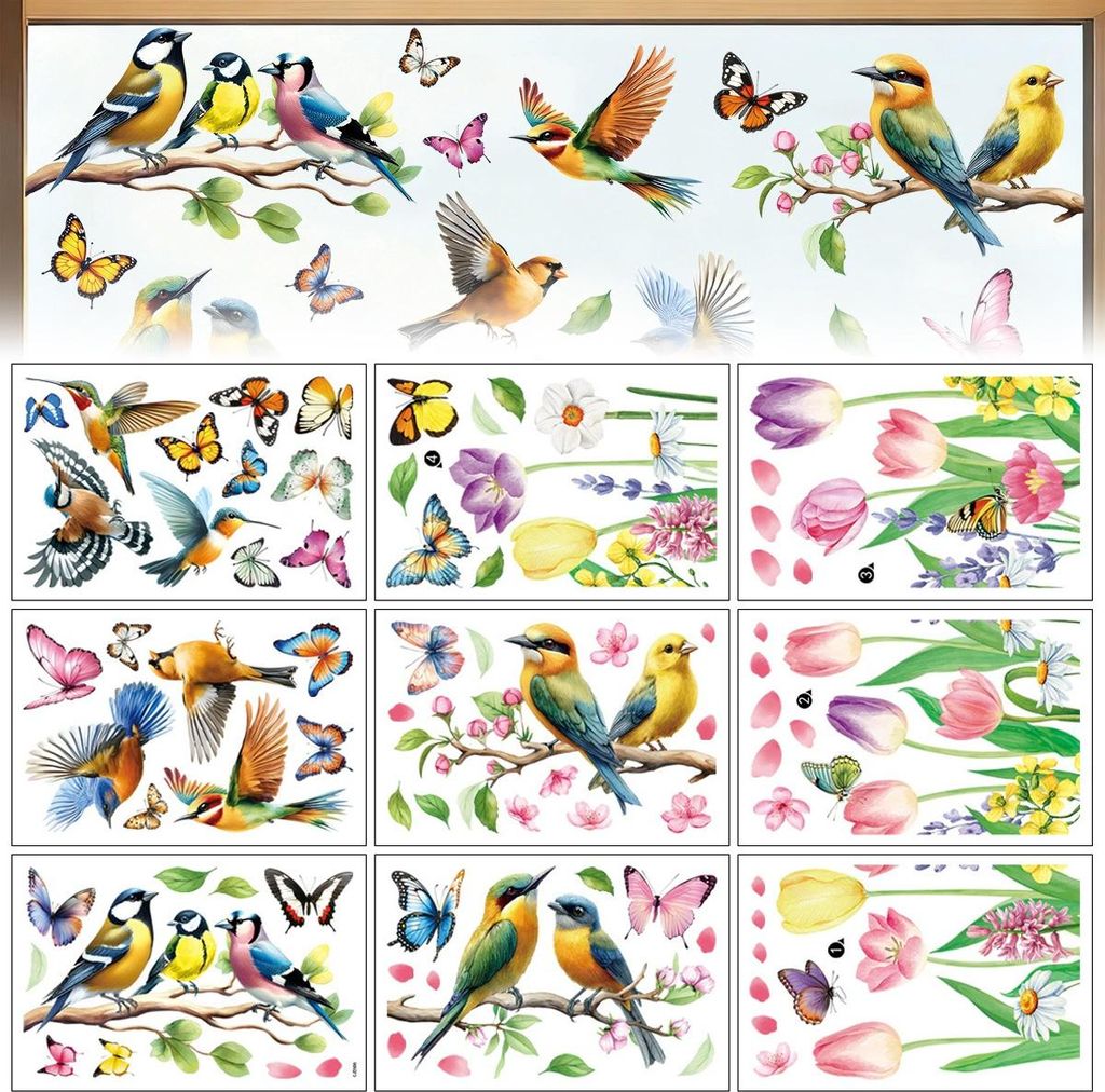 9pcs Fensteraufkleber, Tulpen, Schmetterlinge, Blumen und Produktbild 