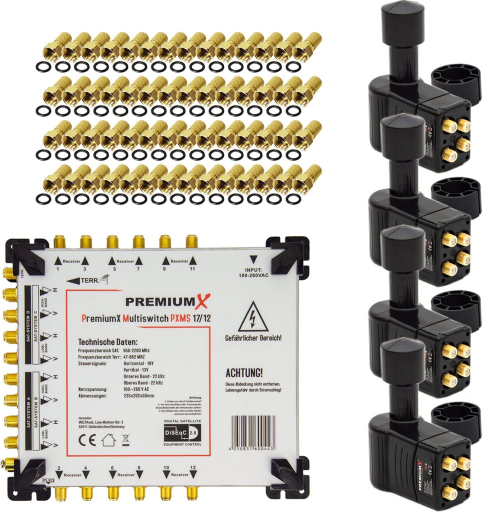 PremiumX Multischalter Set 17/12 Multiswitch SAT 4x Rocket Quattro LNB 56x F-Stecker