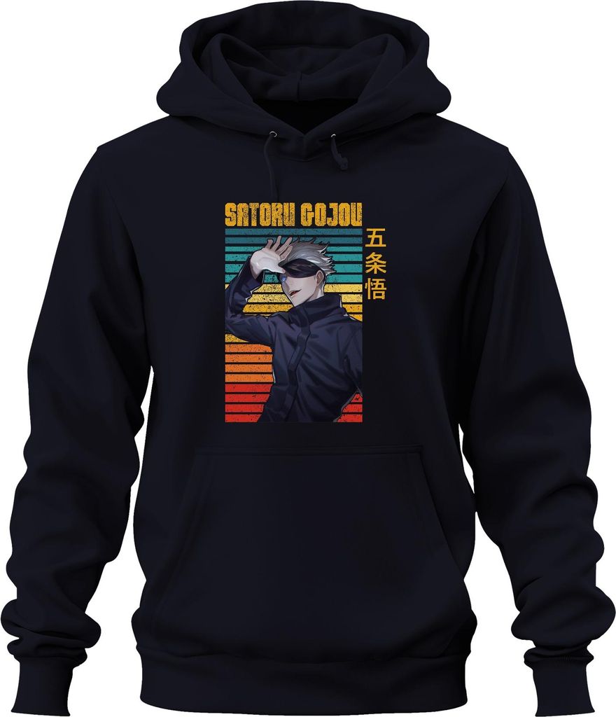 SATORU GOJOU Jujutsu Kaisen Augenbinde Anime Geschenk Retro Uni Hoodie Kapuzenpullover, Navy, L