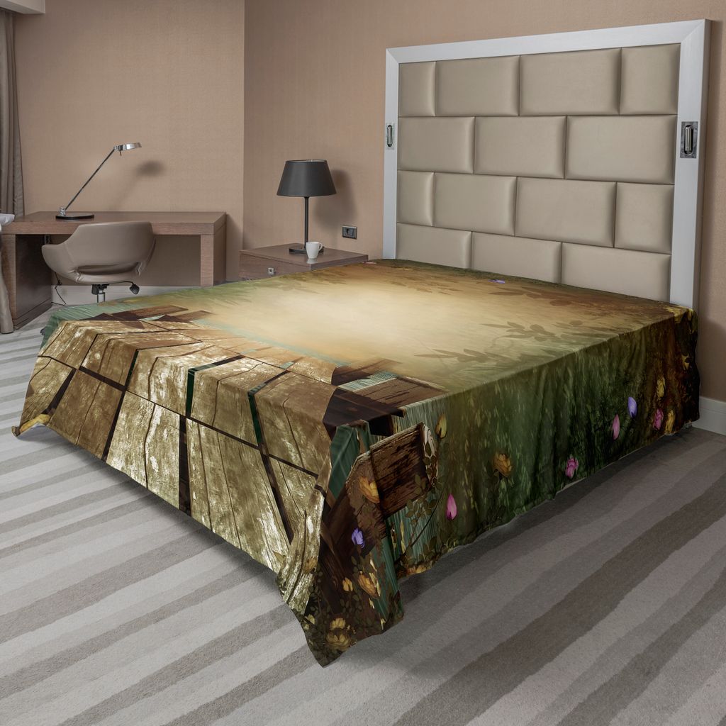 ABAKUHAUS Frühling Bettlaken, Das Kommen des Frühlings-themenorientierten Sees und der blühenden Blumen-Illustration mit hölzernem Pier, weiche...