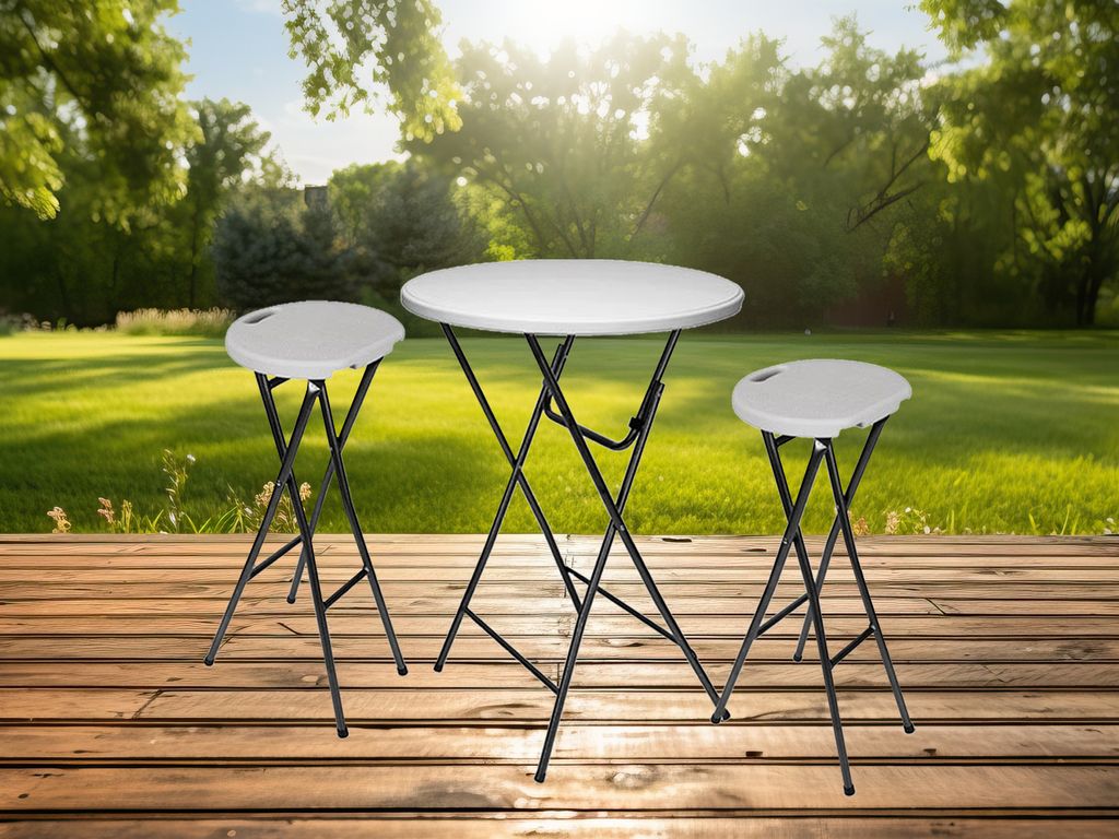 Stabile Stehtischgarnitur zum Klappen: runder Partytisch Biertisch + 2 Barhocker