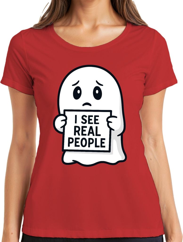 Ich sehe echte Menschen süßer Geist schüchtern Halloween lustig Damen T-Shirt, Rot, L
