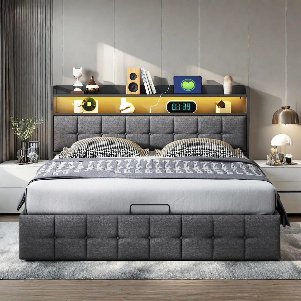 Lit 140x190 cm similicuir gris coffre + LEDs USB pour chambre moderne