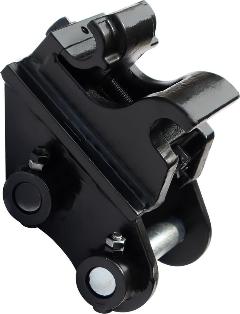A black metal excavator quick coupler is shown against a white background.