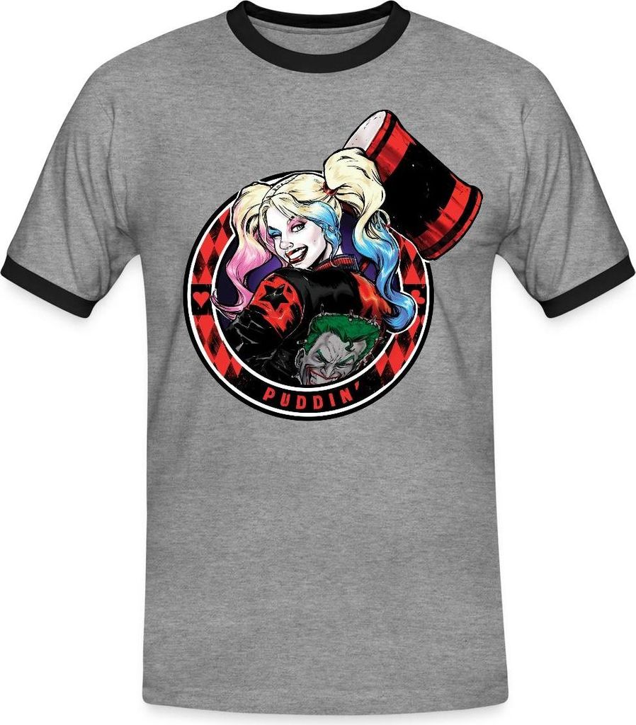 Spreadshirt Harley Quinn Puddin' Männer Kontrast T-Shirt, L, Grau meliert/Schwarz