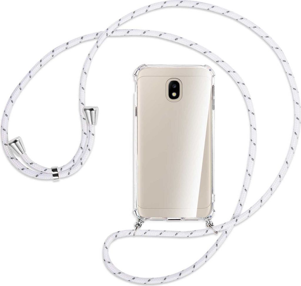 Handykette Backcover-Schutzhülle mit Band (Metall silberfarben) für Samsung Galaxy J3 2017 - weiß/grau