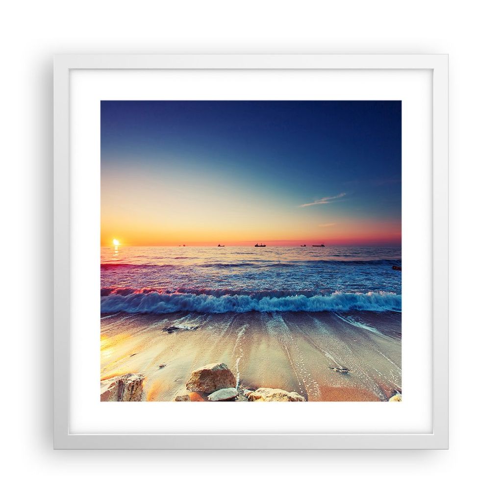 Gerahmtes Poster - Weißer Rahmen - Meer Strand Welle - 40x40 cm - Wand Bild - Wanddeko - Wandbilder - Kunstposter - Wandposter - Bilderrahmen - Bi...