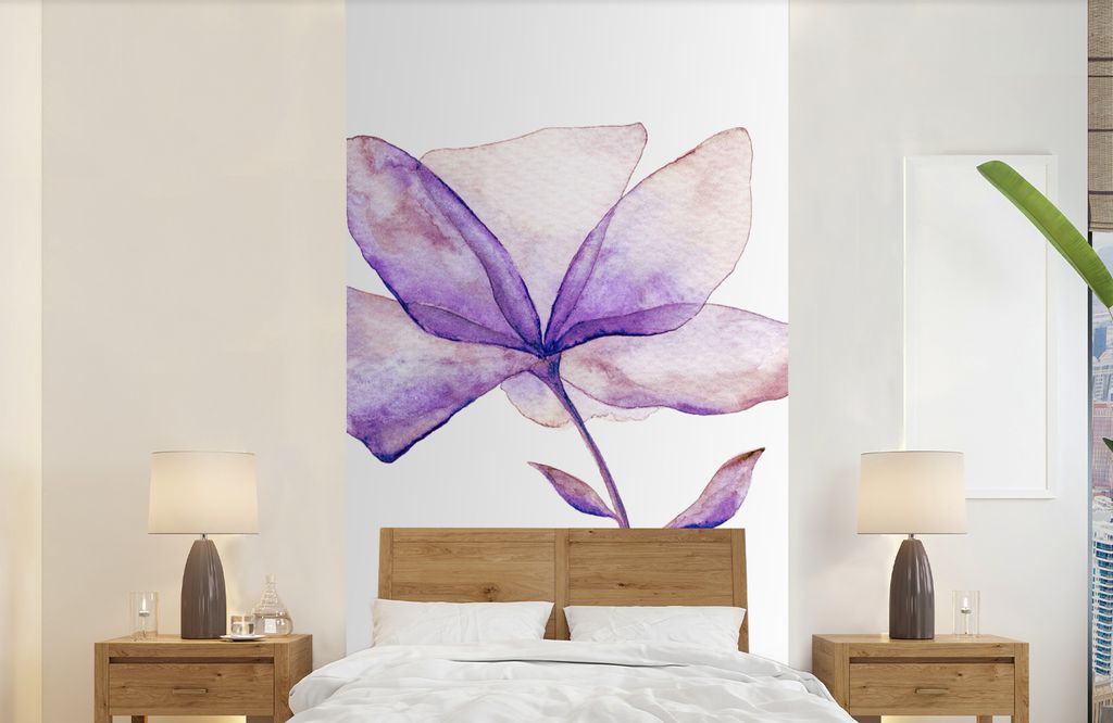 MuchoWow Fototapete für Wohnzimmer oder Schlafzimmer Wandtapete Vinyl Motivtapete Blumen - Aquarell - Lila - 120x240 cm - Hintergrundbild