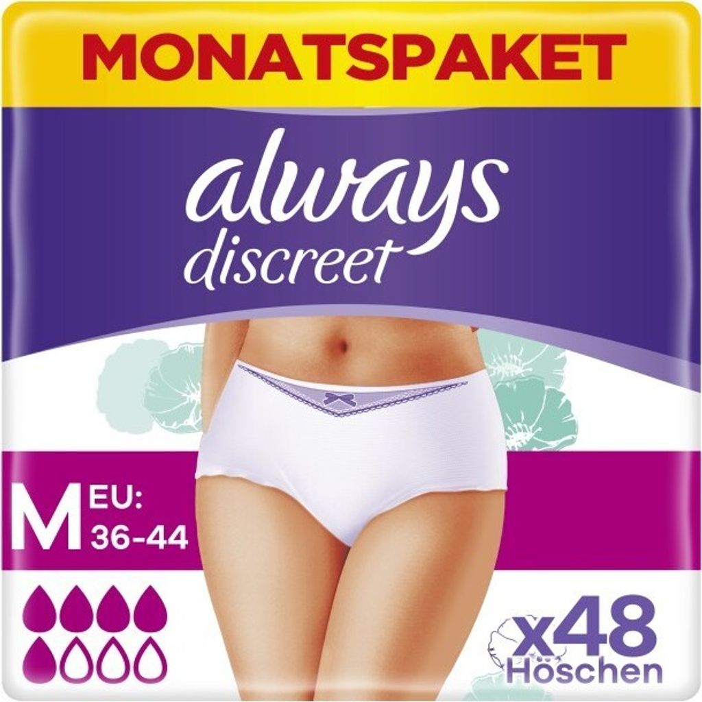 Packaging for Always Discreet incontinence slips, showing a portion of the product packaging and a model wearing the product.