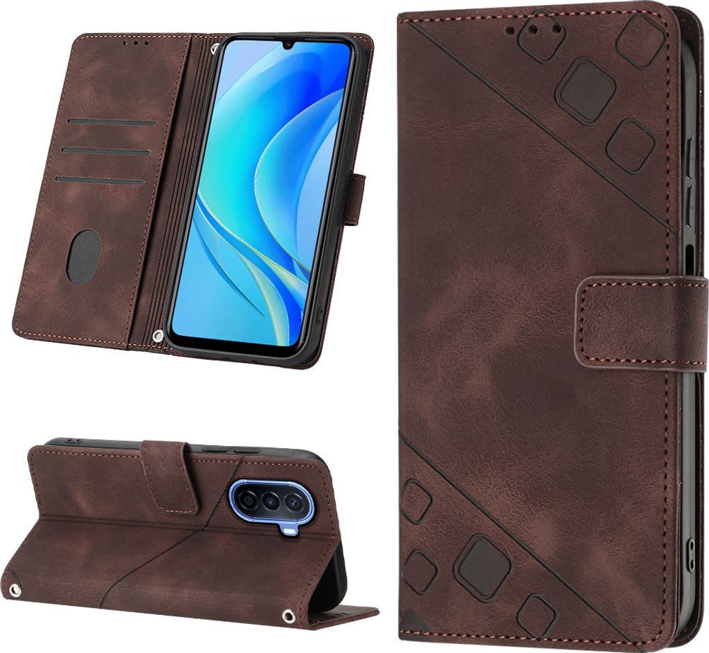 Hülle für Huawei Nova Y70 Plus Prägung Flip Leder Brieftasche Schutzhülle mit Ständer Braun