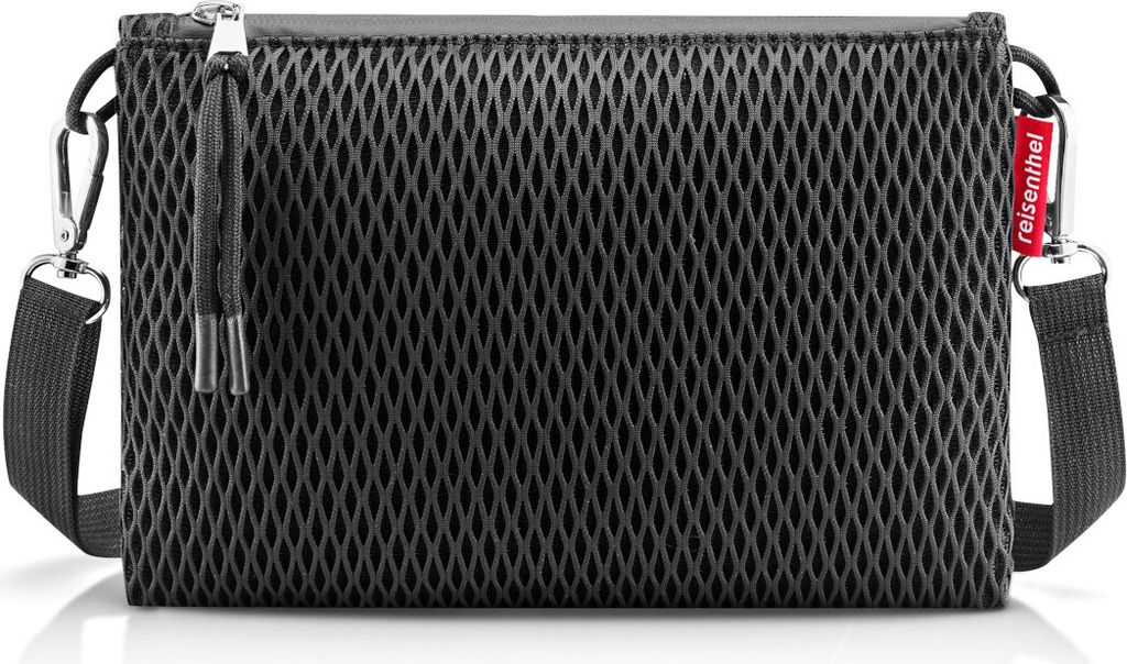 A black mesh clutch bag with a strap and tassel detail.