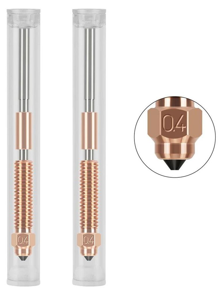 Two 3D printer nozzles in clear plastic tubes, with a close-up inset of one nozzle.