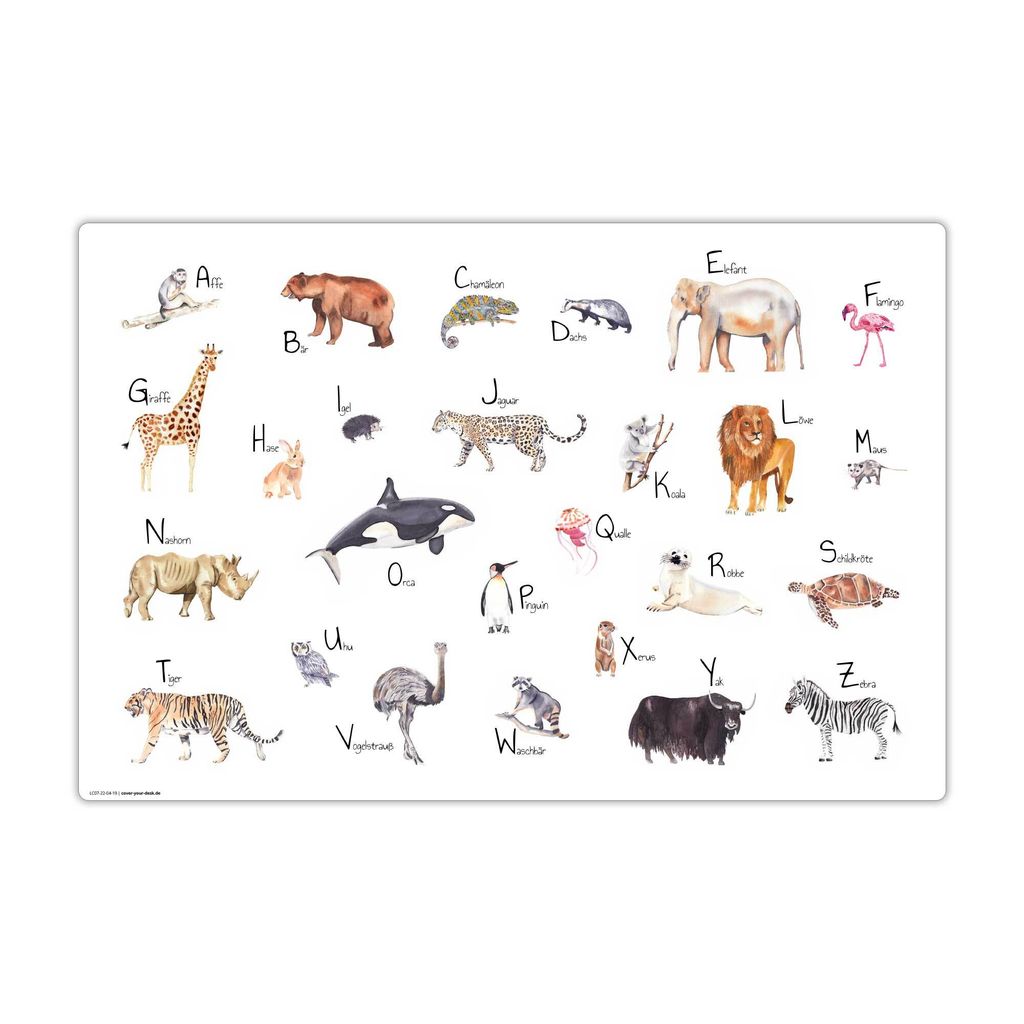 Schreibtischunterlage für Kinder - abwaschbar – Tier ABC / Alphabet – aus premium Vinyl – 60 x 40 cm – Hergestellt in Deutschland - Jungs ...