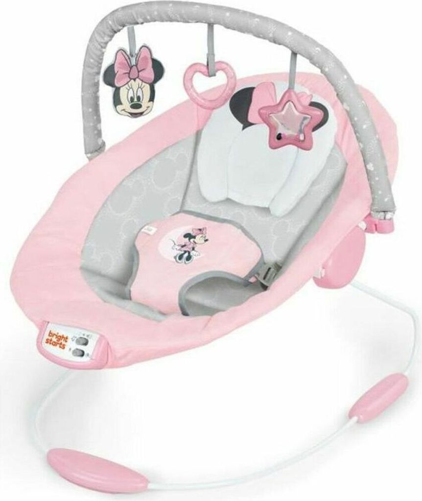 A pink baby bouncer with Minnie Mouse decorations.
