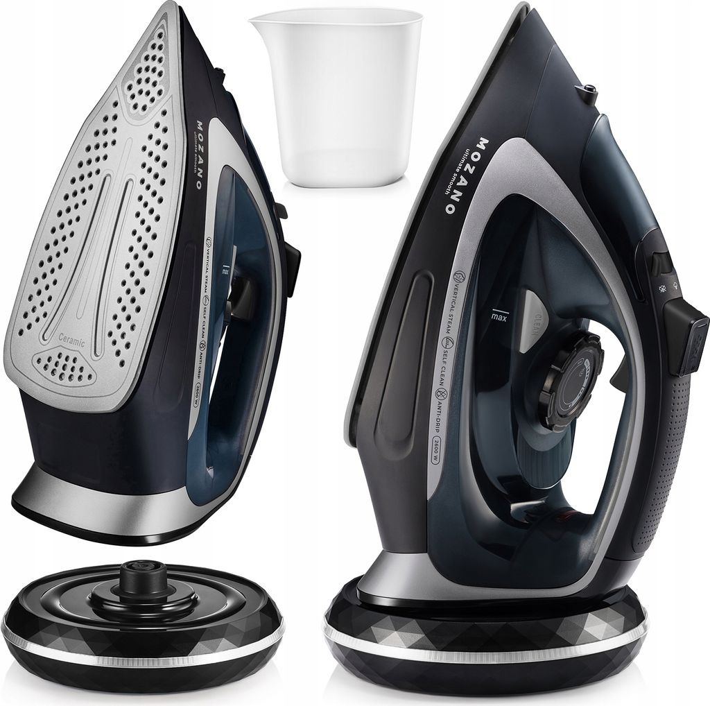 A collage of product shots showing a cordless steam iron and its accessories.