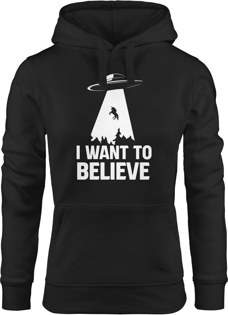 Hoodie Damen UFO Einhorn I Want To Believe Kapuzen-Pullover Moonworks schwarz S